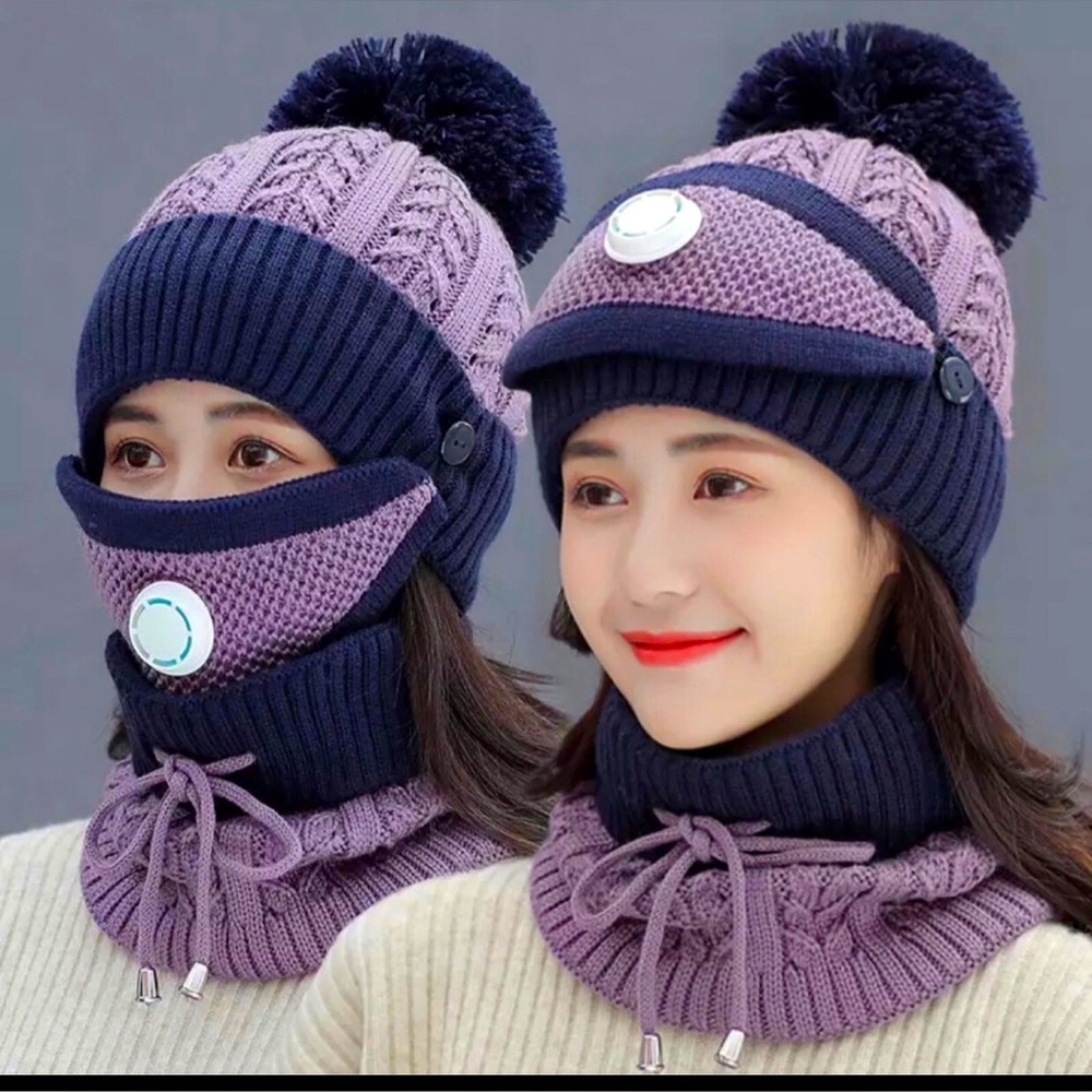 COPY - COPY - 3 in 1 women winter knitted hat scarf and nose mask set